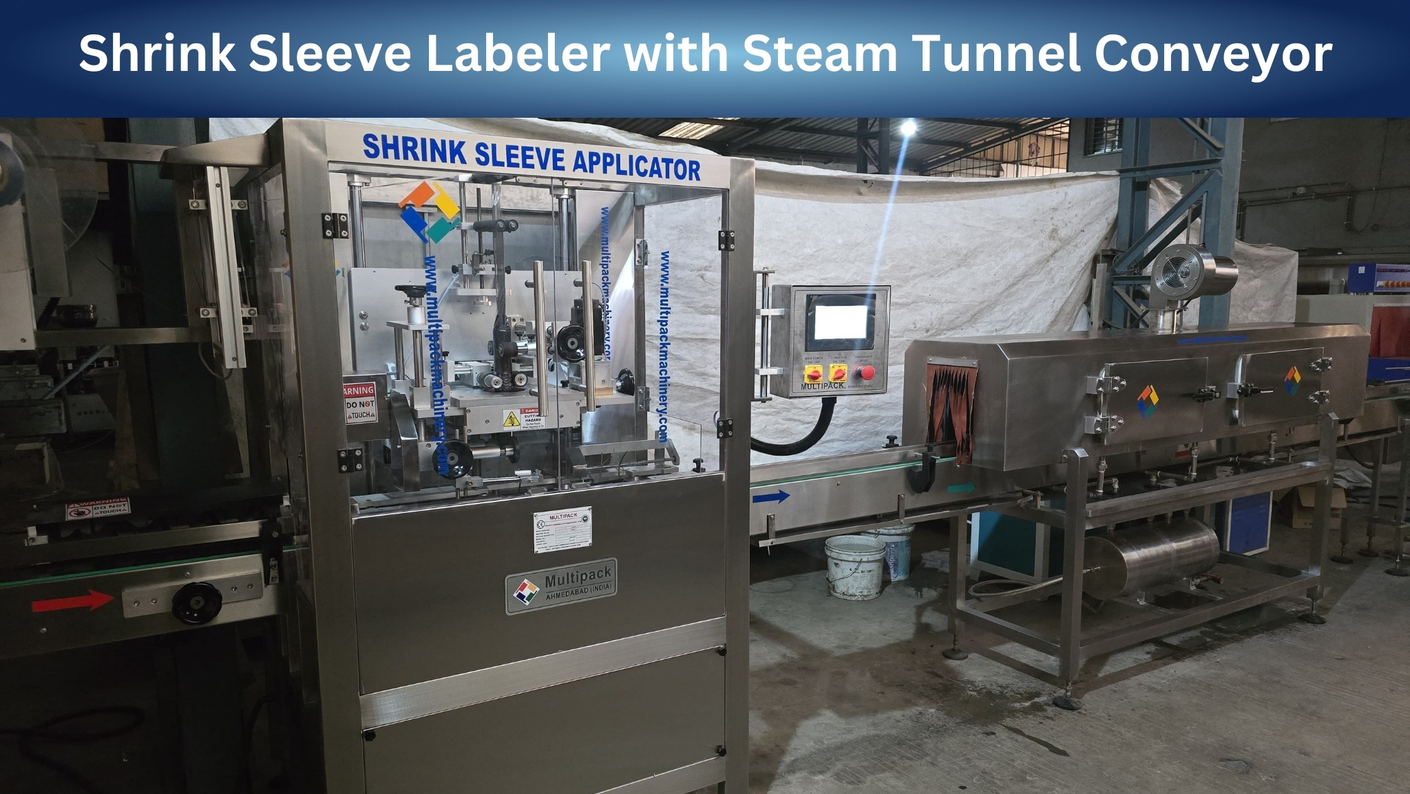 Shrink Sleeve Labeler with Steam Tunnel Conveyor